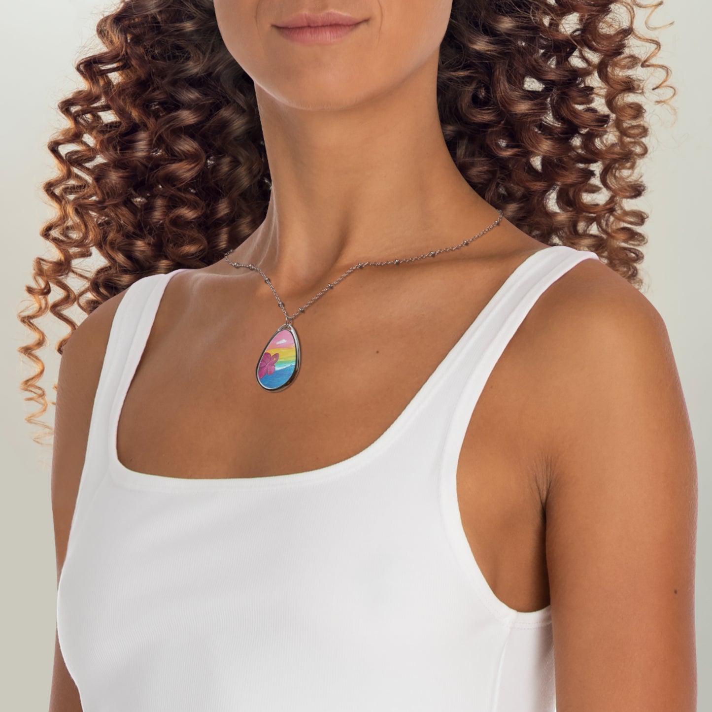 Hibiscus Hand Painted Oval Necklace