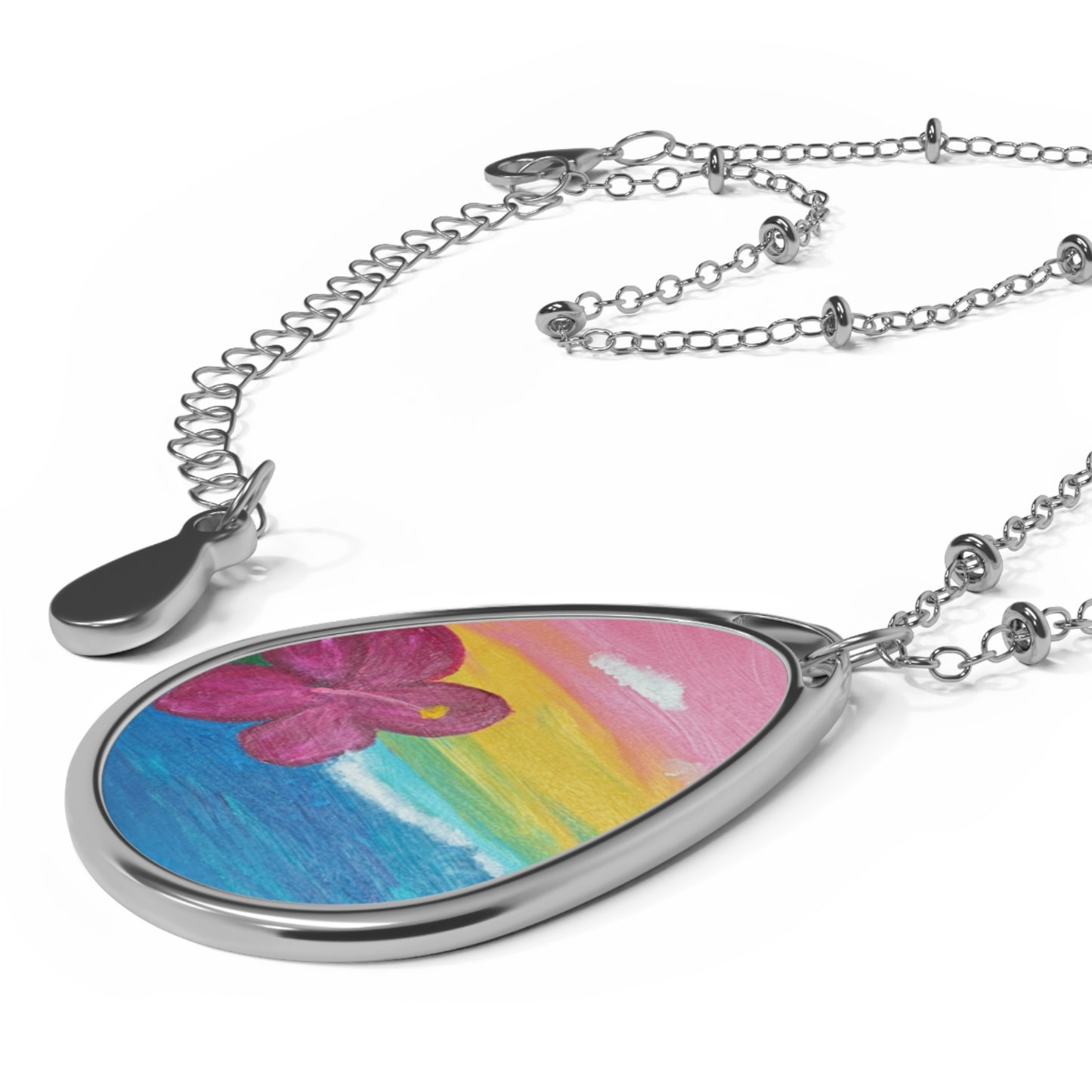 Hibiscus Hand Painted Oval Necklace