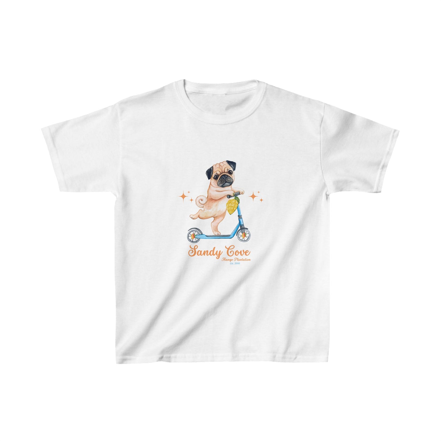 Sandy Cove Mango Plantation Pug on a Scooter Kids Cotton™ Tee