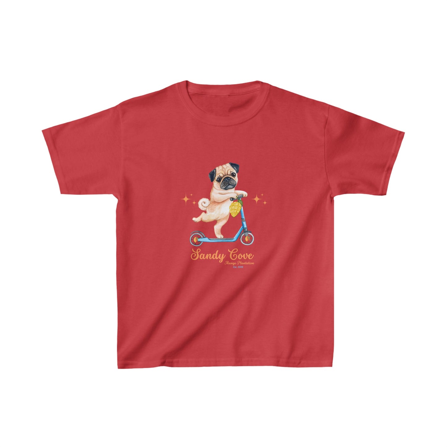 Sandy Cove Mango Plantation Pug on a Scooter Kids Cotton™ Tee