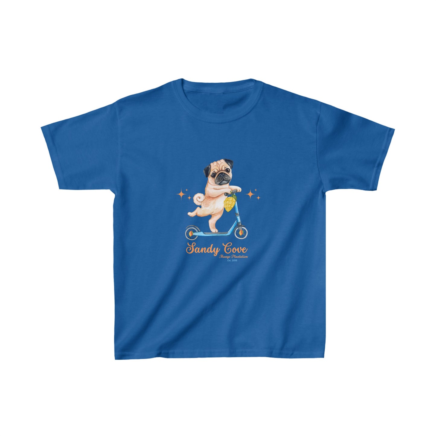 Sandy Cove Mango Plantation Pug on a Scooter Kids Cotton™ Tee