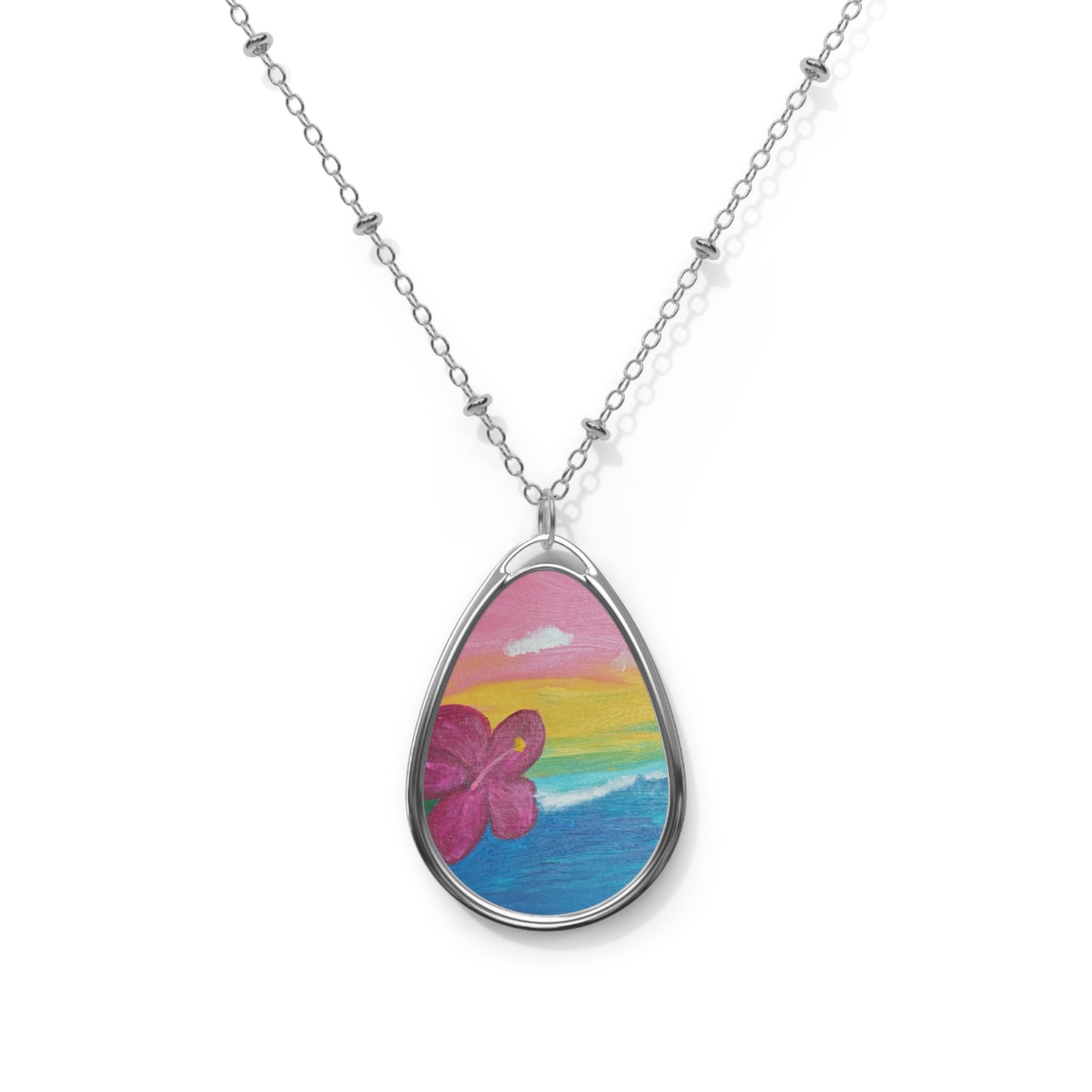 Hibiscus Hand Painted Oval Necklace