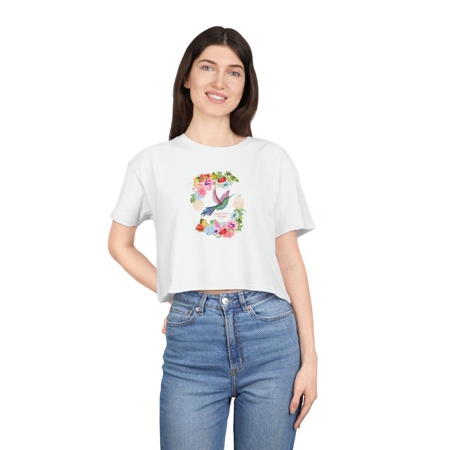 Snady Cove Mango Birds and Blossoms Women's Crop Tee