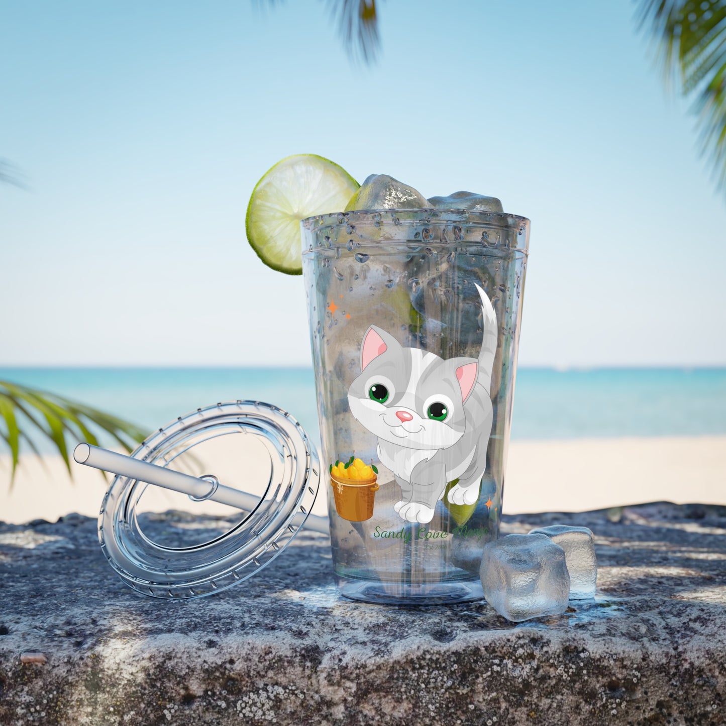 Sandy Cove's Delicious Mangoes Kitten Sunsplash Tumbler with Straw, 16oz (Printed in USA)