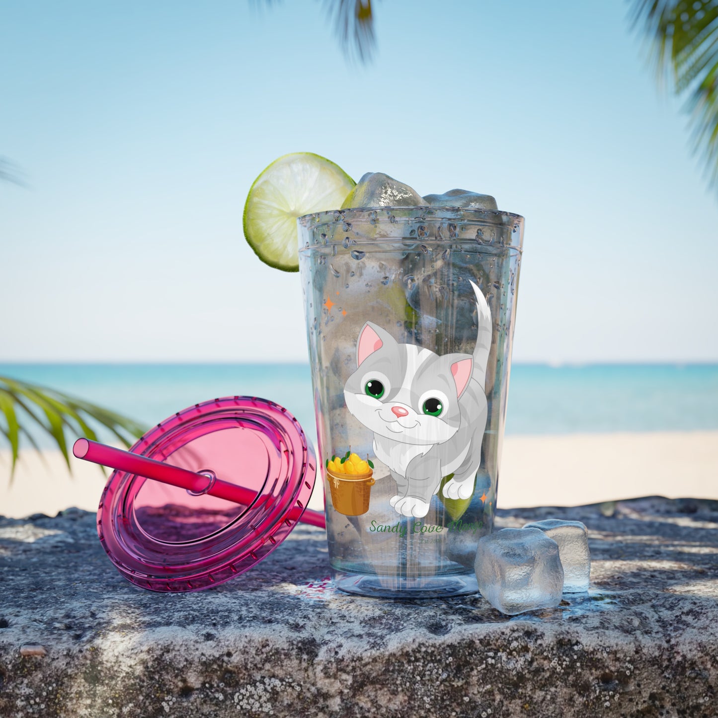 Sandy Cove's Delicious Mangoes Kitten Sunsplash Tumbler with Straw, 16oz (Printed in USA)