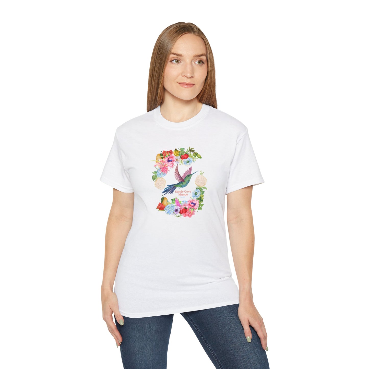 Sandy Cove Mango Birds and Blossoms Cotton Tee (Printed in USA)